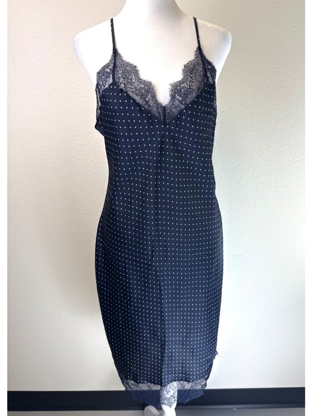 Victoria Secret Navy Polka Dot Satin Nightgown Slip with Lace Large Whimsigoth